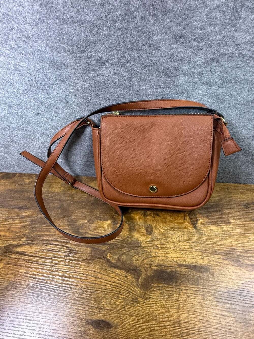 Steve Madden Brown Saffiano Leather Flap Crossbody Saddle Bag Purse